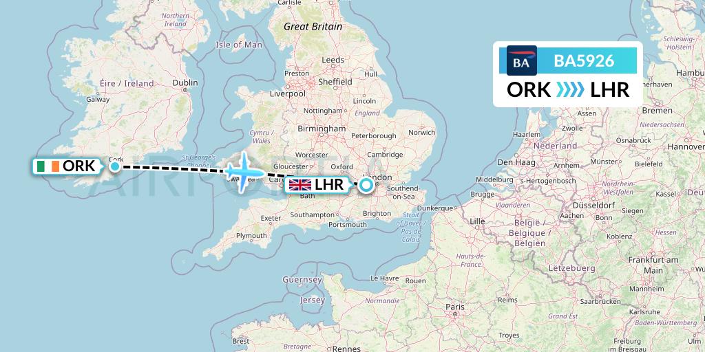 BA5926 British Airways Flight Map: Cork to London