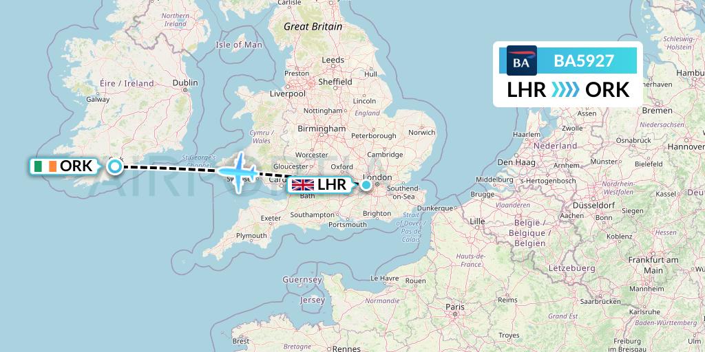 BA5927 British Airways Flight Map: London to Cork