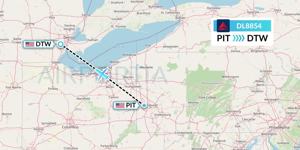 DL8854 Delta Air Lines Flight Map: Pittsburgh to Detroit
