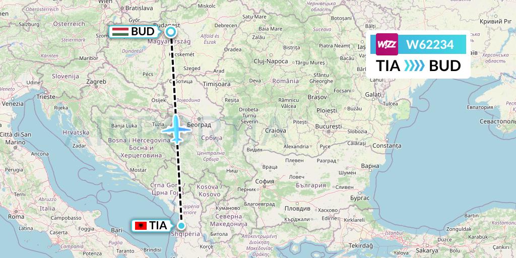 W62234 Wizz Air Flight Map: Tirana to Budapest