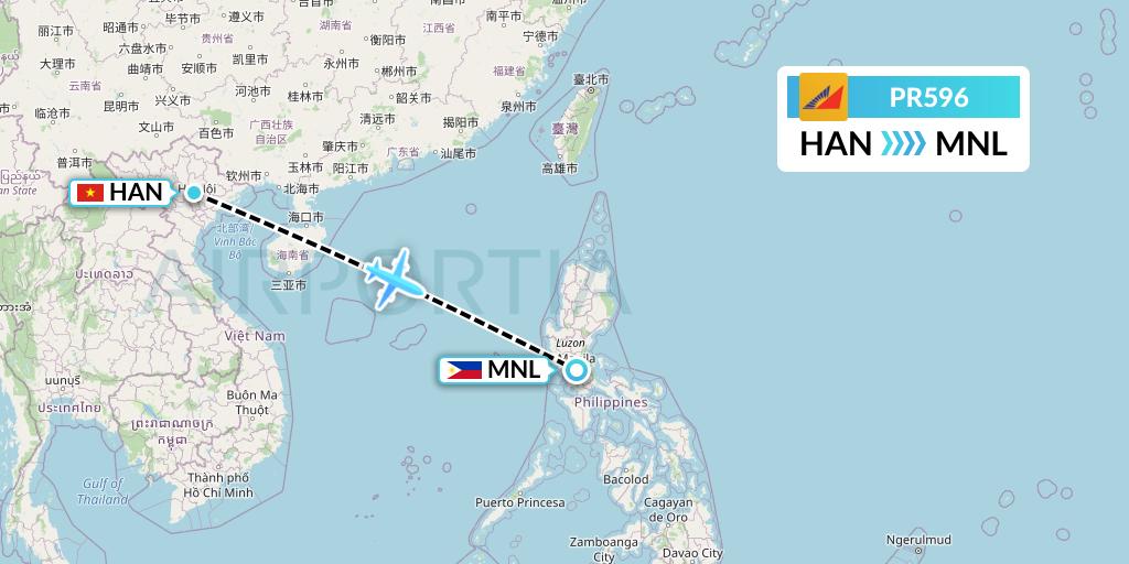 PR596 Philippine Airlines Flight Map: Hanoi to Manila
