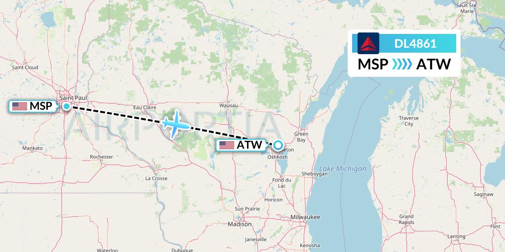 DL4861 Delta Air Lines Flight Map: Minneapolis to Appleton