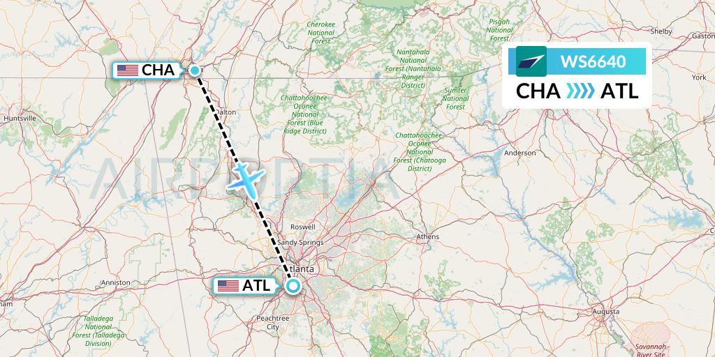 WS6640 WestJet Flight Map: Chattanooga to Atlanta