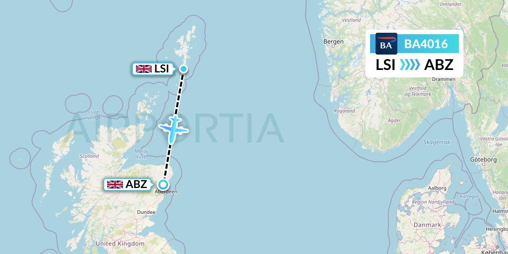 BA4016 British Airways Flight Map: Sumburgh to Aberdeen