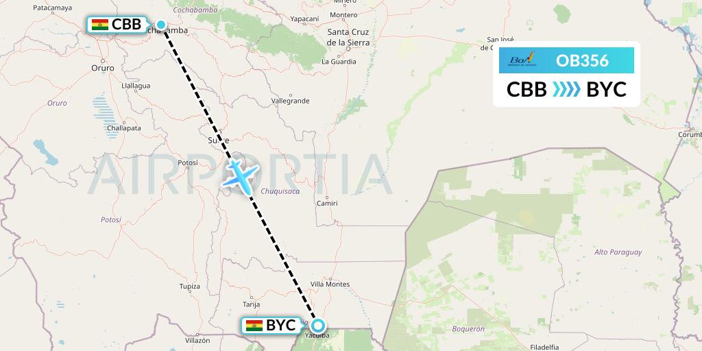 OB356 Boliviana de Aviacion Flight Map: Cochabamba to Yacuiba