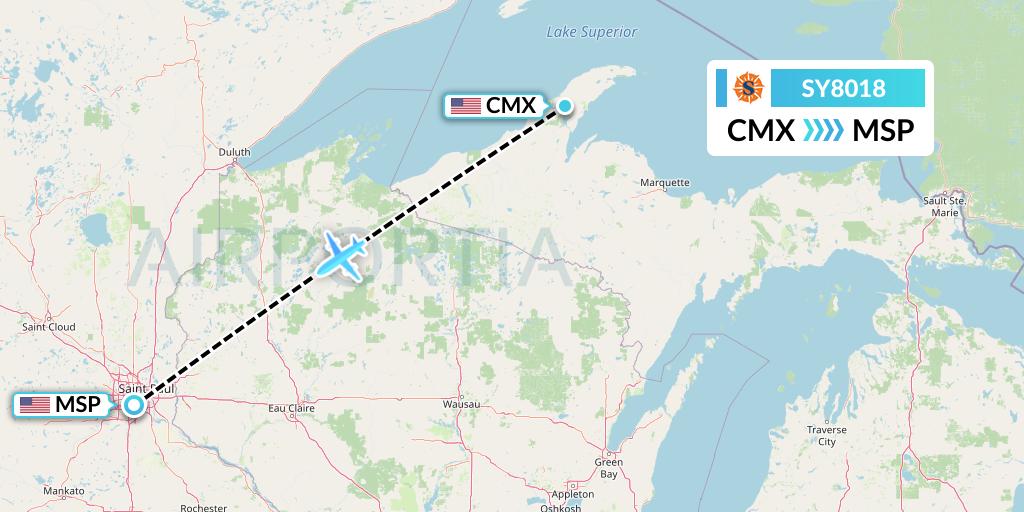 SY8018 Sun Country Airlines Flight Map: Hancock to Minneapolis