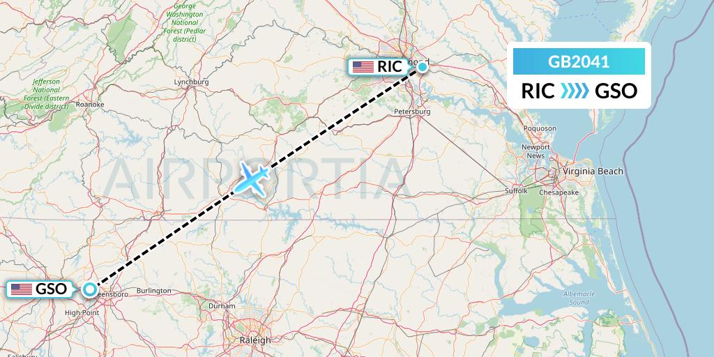 GB2041 ABX Air Flight Map: Richmond to Greensboro