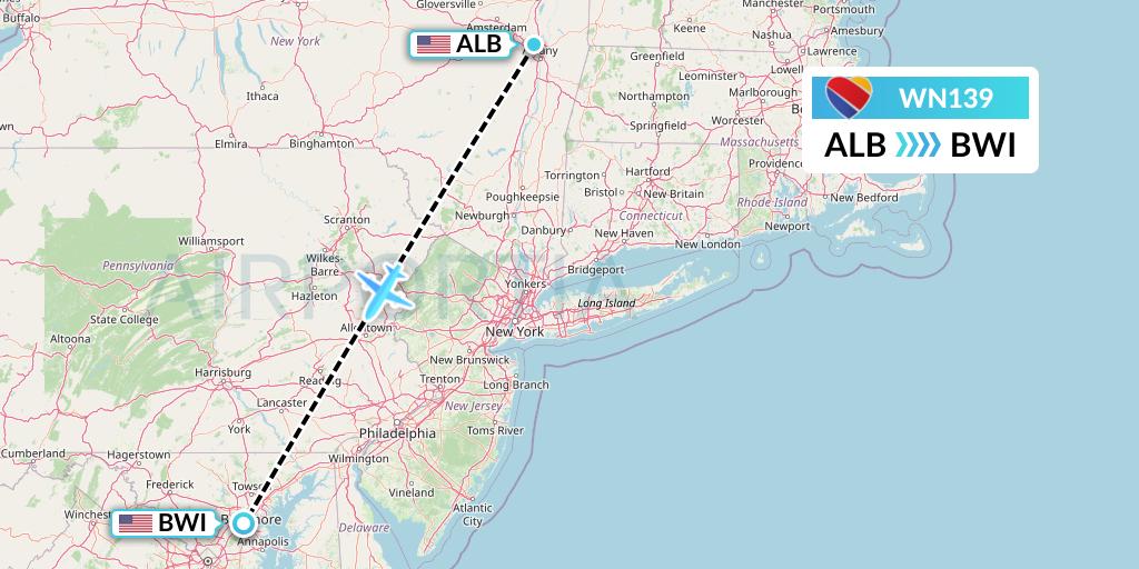 WN139 Southwest Airlines Flight Map: Albany to Baltimore