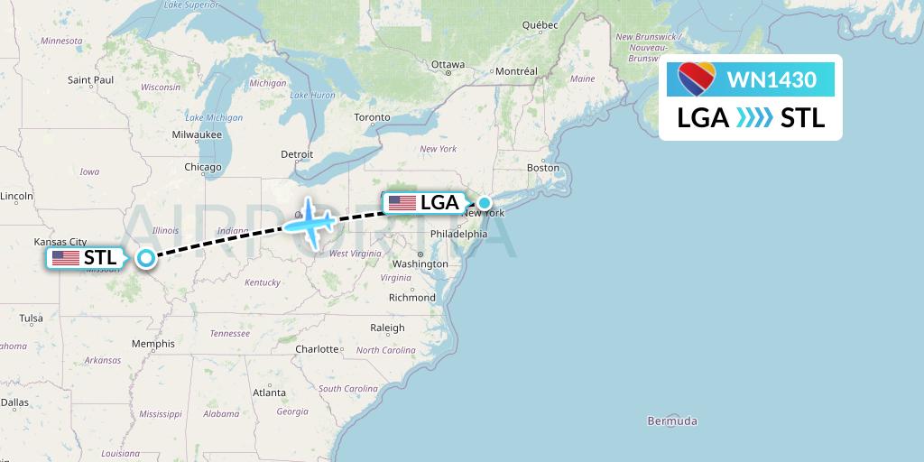 WN1430 Southwest Airlines Flight Map: New York to St. Louis