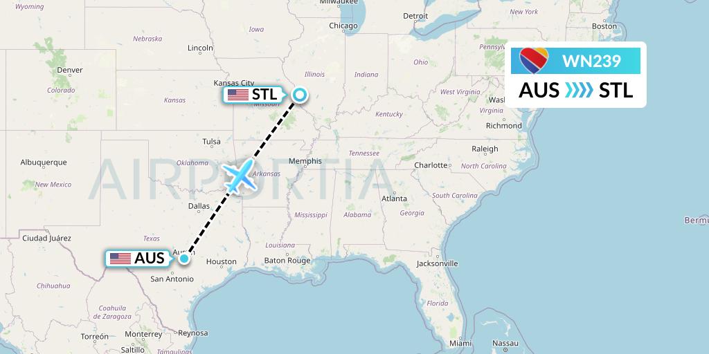 WN239 Southwest Airlines Flight Map: Austin to St. Louis