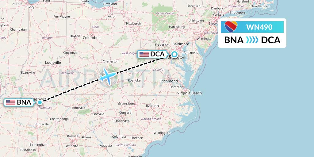 WN490 Southwest Airlines Flight Map: Nashville to Washington