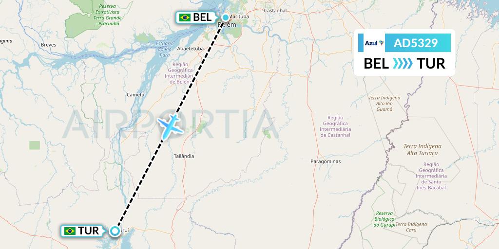 AD5329 Azul Brazilian Airlines Flight Map: Belem to Tucurui