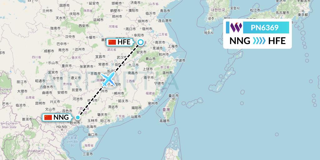 PN6369 China West Air Flight Map: Nanning to Hefei