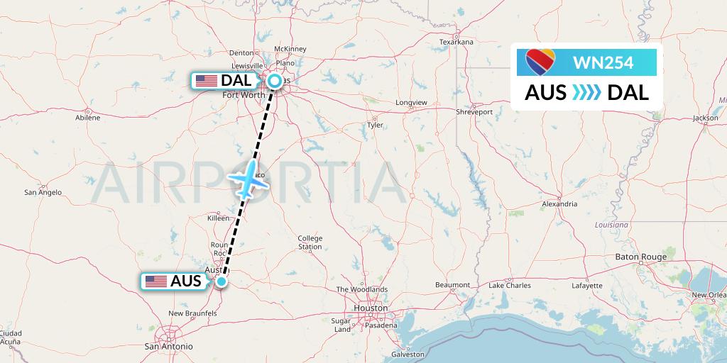 WN254 Southwest Airlines Flight Map: Austin to Dallas