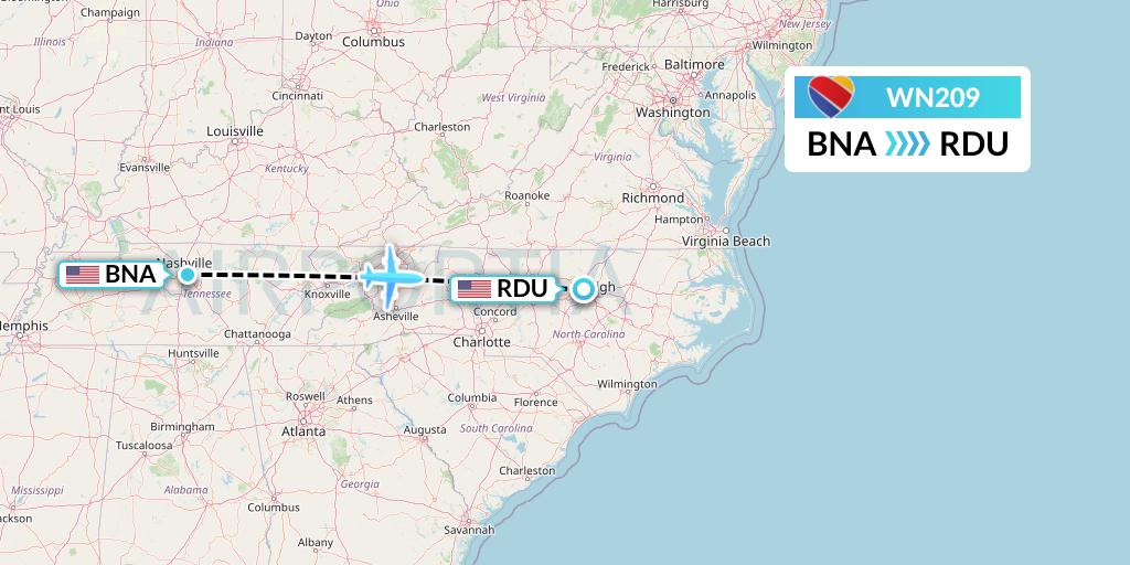 WN209 Southwest Airlines Flight Map: Nashville to Raleigh-Durham