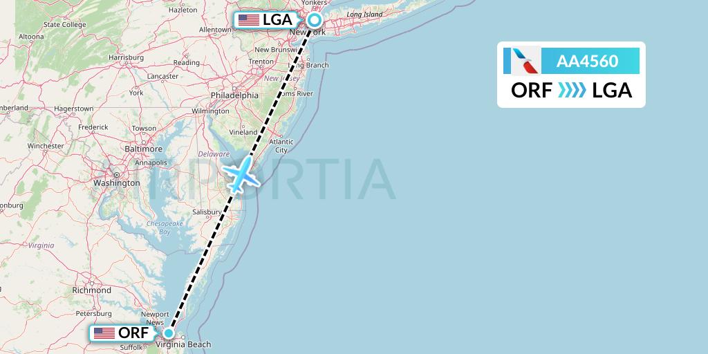 AA4560 American Airlines Flight Map: Norfolk to New York