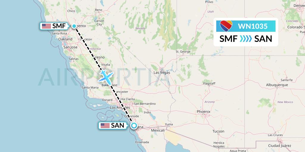 WN1035 Southwest Airlines Flight Map: Sacramento to San Diego
