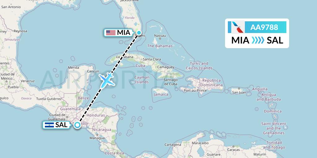 AA9788 American Airlines Flight Map: Miami to San Salvador