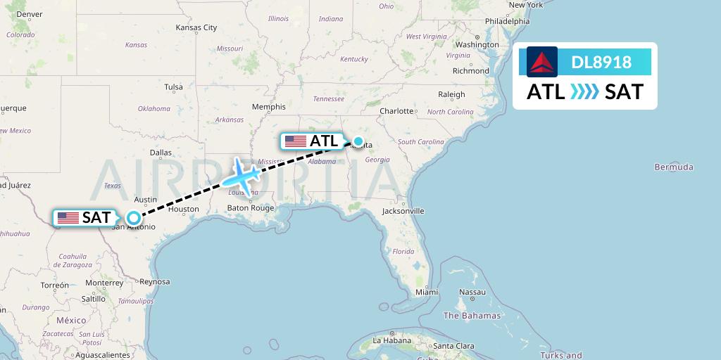 DL8918 Delta Air Lines Flight Map: Atlanta to San Antonio