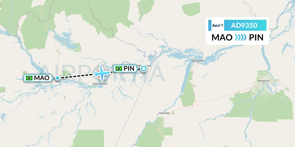 AD9350 Azul Brazilian Airlines Flight Map: Manaus to Parintins