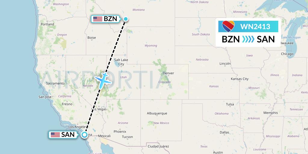 WN2413 Southwest Airlines Flight Map: Bozeman to San Diego