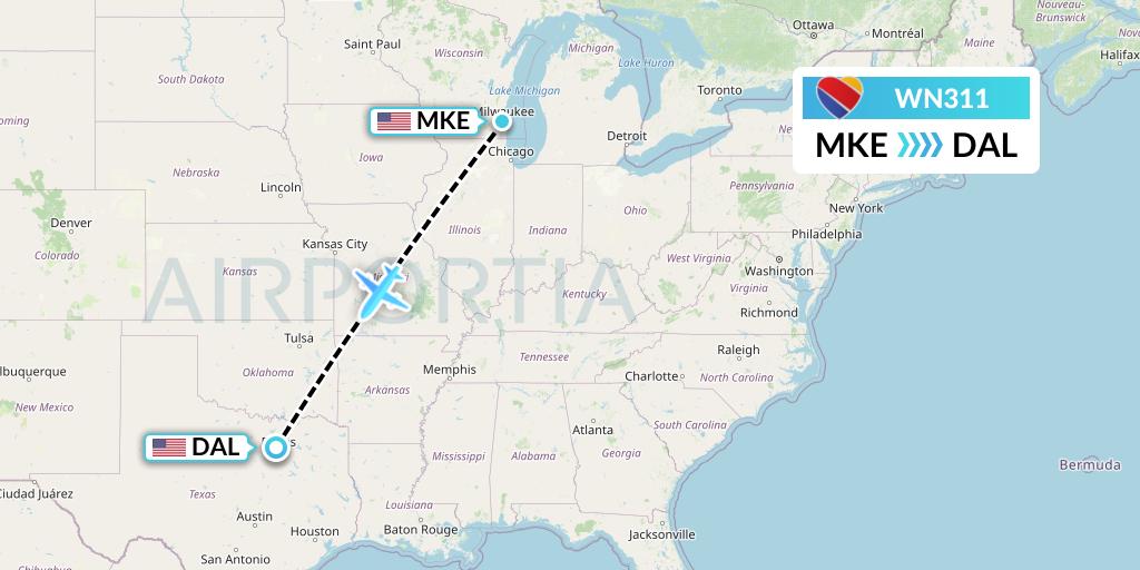 WN311 Southwest Airlines Flight Map: Milwaukee to Dallas