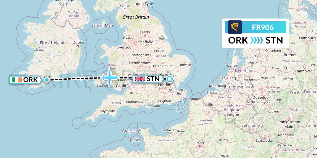 FR906 Ryanair Flight Map: Cork to London