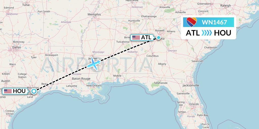 WN1467 Southwest Airlines Flight Map: Atlanta to Houston