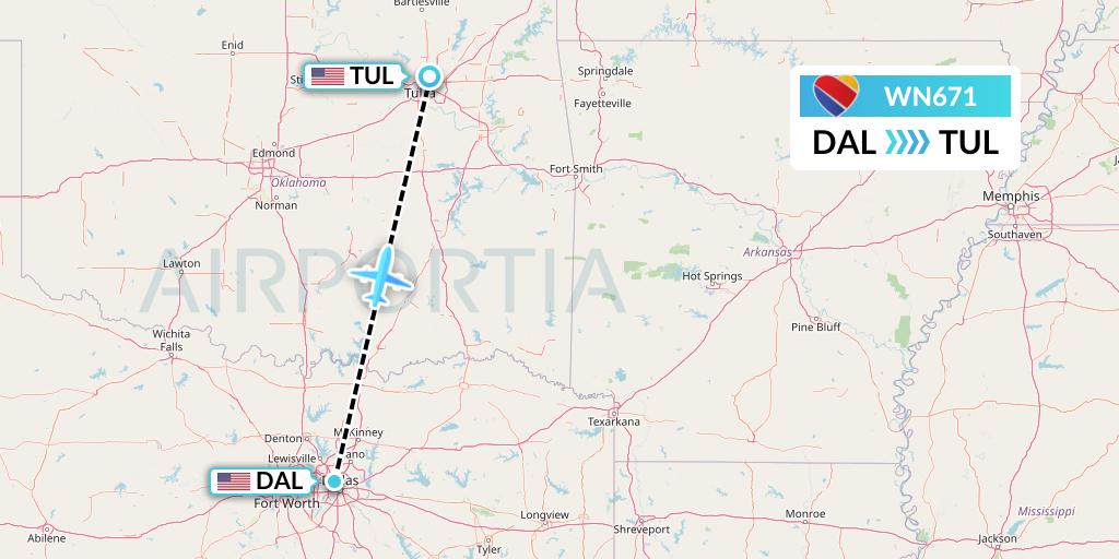 WN671 Southwest Airlines Flight Map: Dallas to Tulsa