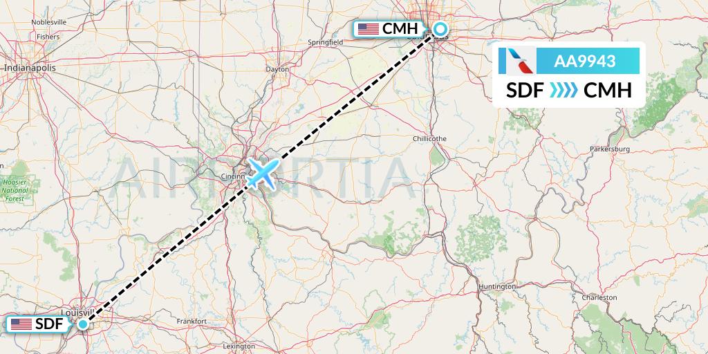 AA9943 American Airlines Flight Map: Louisville to Columbus