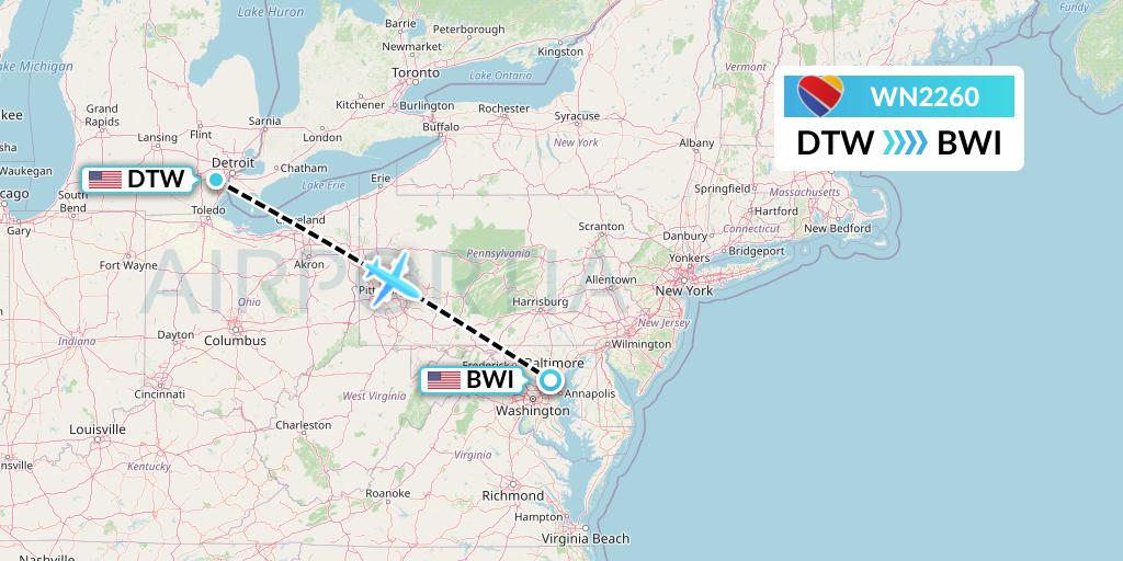 WN2260 Southwest Airlines Flight Map: Detroit to Baltimore