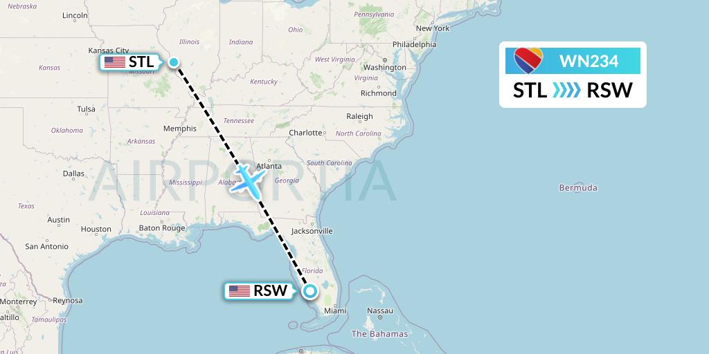 WN234 Southwest Airlines Flight Map: St. Louis to Fort Myers