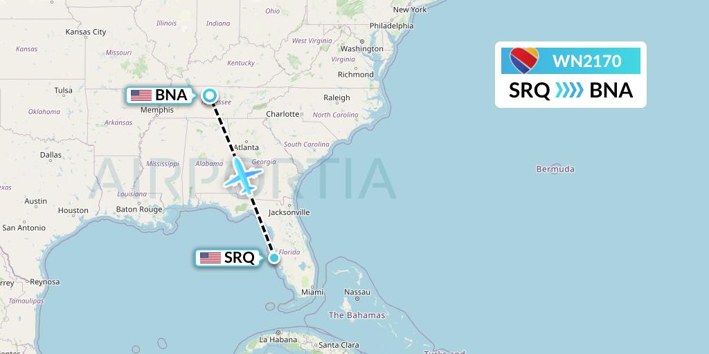WN2170 Southwest Airlines Flight Map: Sarasota to Nashville