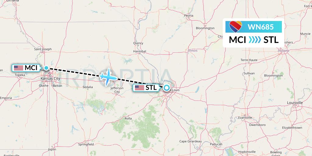 WN685 Southwest Airlines Flight Map: Kansas City to St. Louis