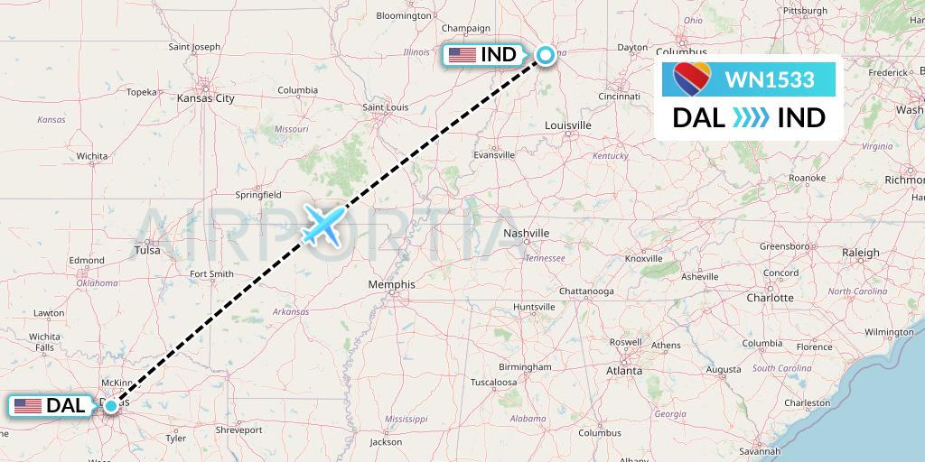 WN1533 Southwest Airlines Flight Map: Dallas to Indianapolis