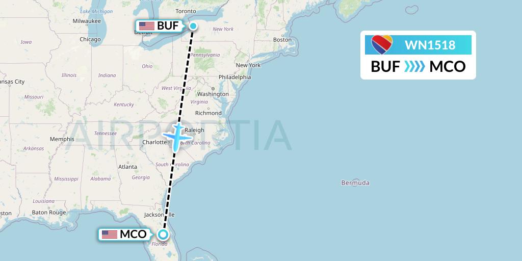WN1518 Southwest Airlines Flight Map: Buffalo to Orlando