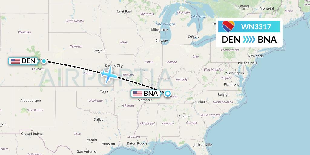 WN3317 Southwest Airlines Flight Map: Denver to Nashville