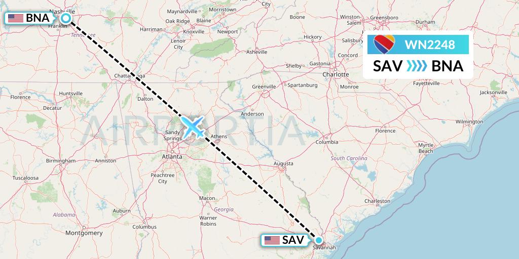 WN2248 Southwest Airlines Flight Map: Savannah to Nashville