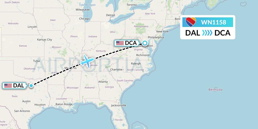 WN1158 Southwest Airlines Flight Map: Dallas to Washington