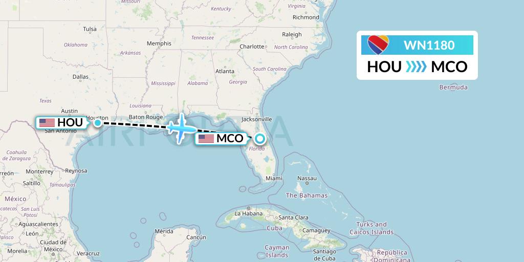 WN1180 Southwest Airlines Flight Map: Houston to Orlando