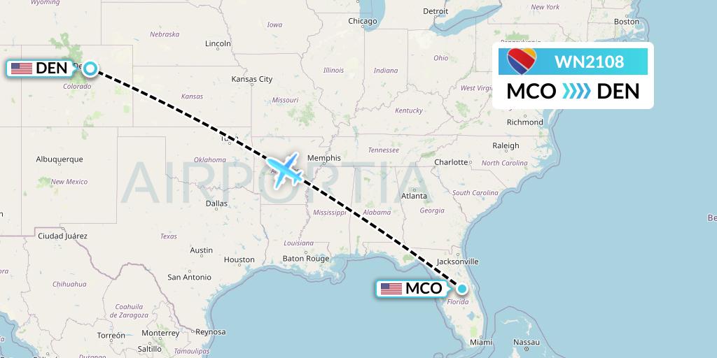 WN2108 Southwest Airlines Flight Map: Orlando to Denver