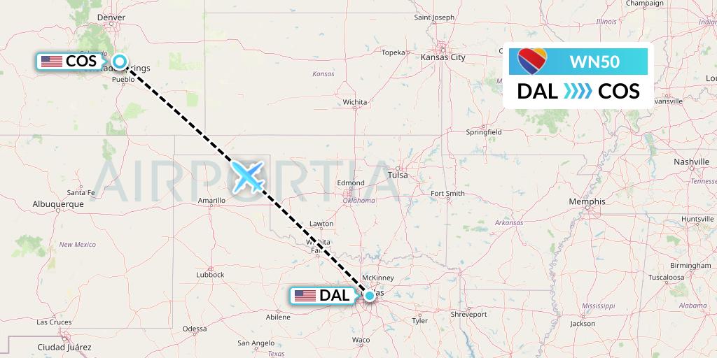 WN50 Southwest Airlines Flight Map: Dallas to Colorado Springs