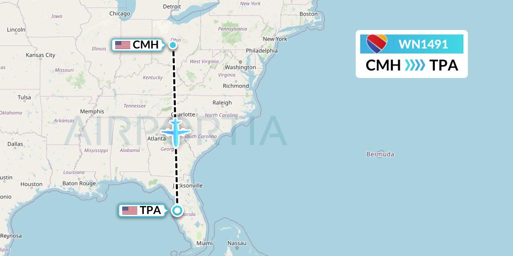 WN1491 Southwest Airlines Flight Map: Columbus to Tampa