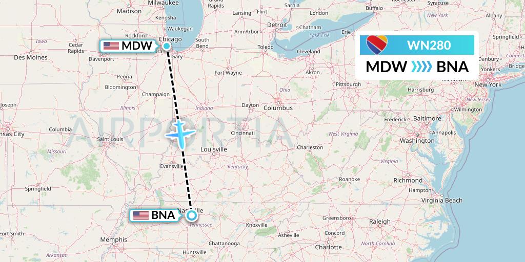 WN280 Southwest Airlines Flight Map: Chicago to Nashville