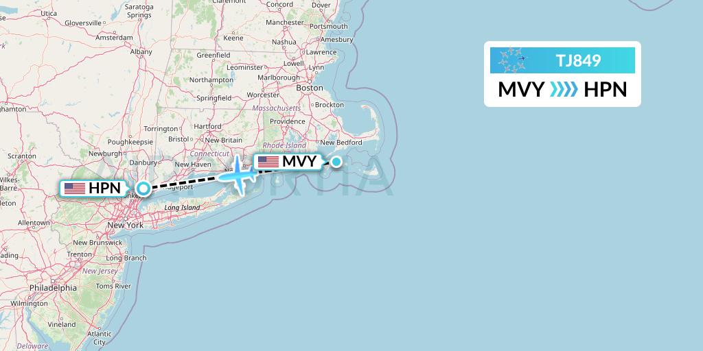 TJ849 Tradewind Aviation Flight Map: Martha's Vineyard to White Plains