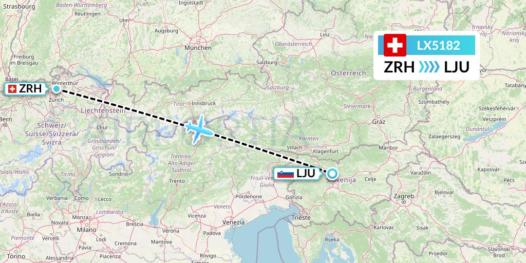 LX5182 Swiss Flight Map: Zurich to Ljubljana