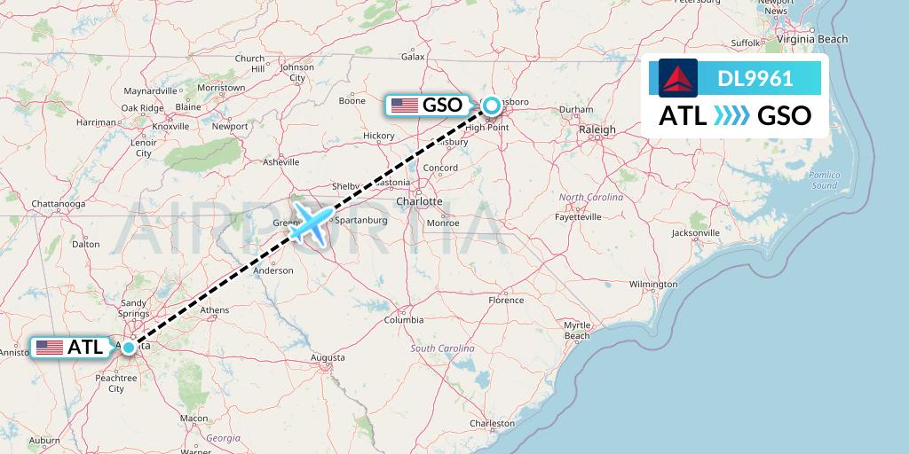 DL9961 Delta Air Lines Flight Map: Atlanta to Greensboro