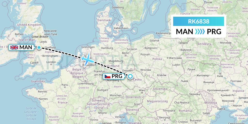 RK6838 Ryanair UK Flight Map: Manchester to Prague