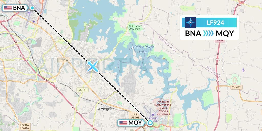LF924 Corporate Flight Management Flight Map: Nashville to Smyrna
