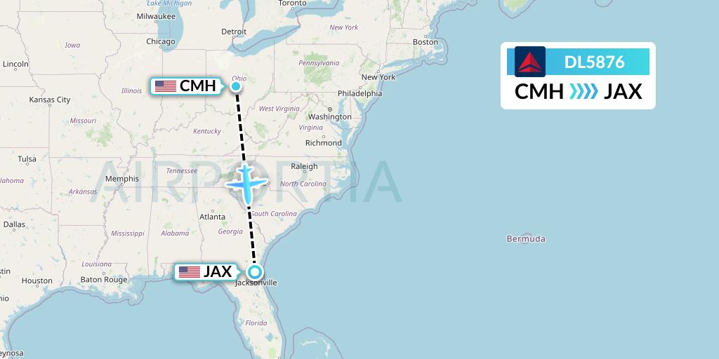 DL5876 Delta Air Lines Flight Map: Columbus to Jacksonville